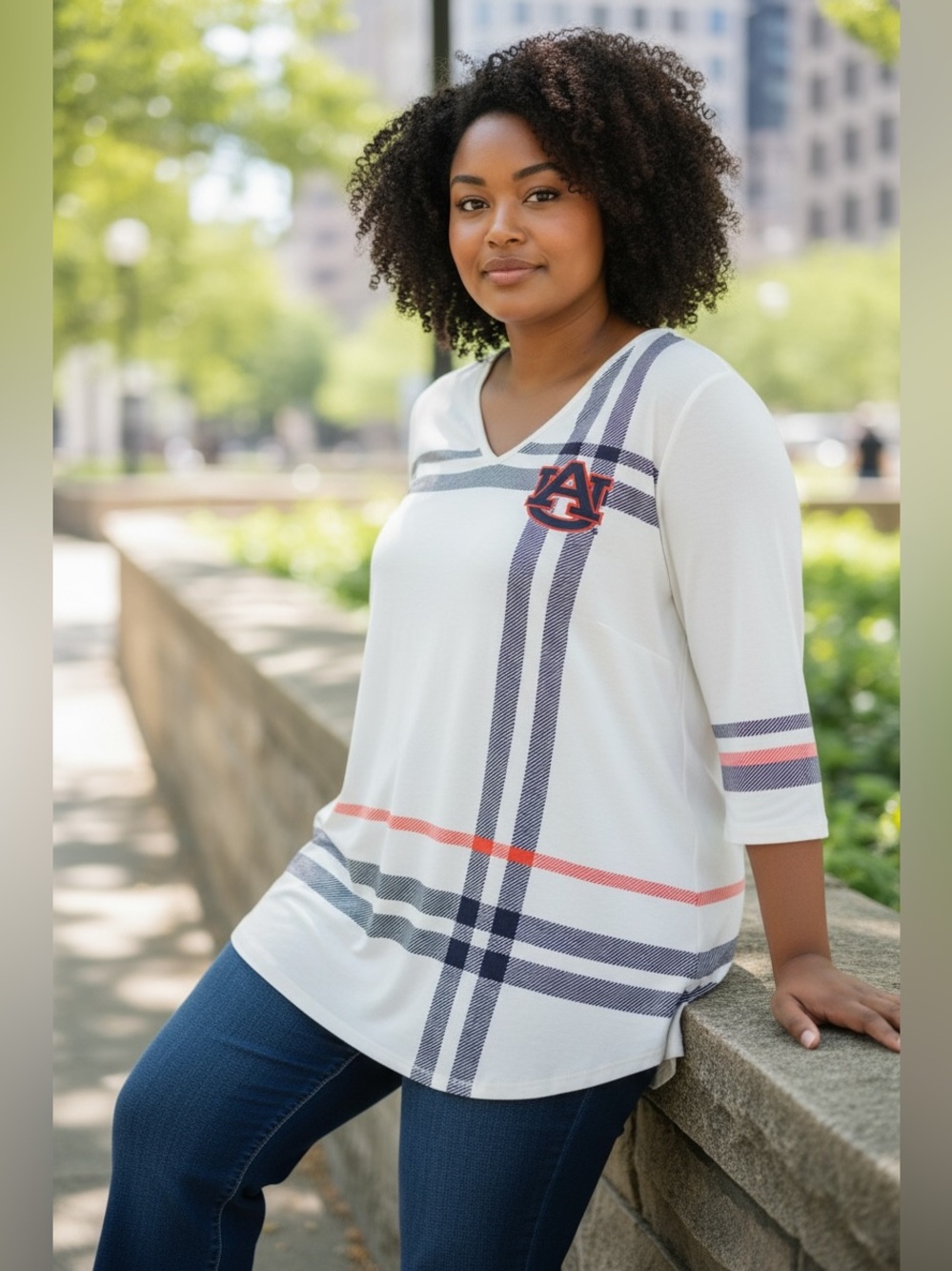 P. Michael Auburn Tigers Plaid 3/4 Sleeve V-Neck Tunic Top